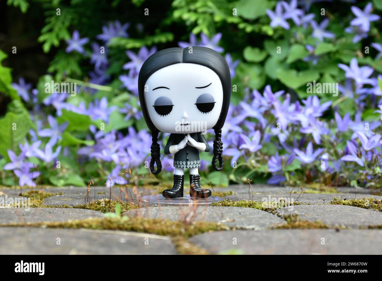 Funko Pop Actionfigur von Wednesday Addams aus dem Zeichentrickfilm The Addams Family. Blaue Blumen, grünes Moos, Steinstraße, geheimnisvoller Garten. Stockfoto