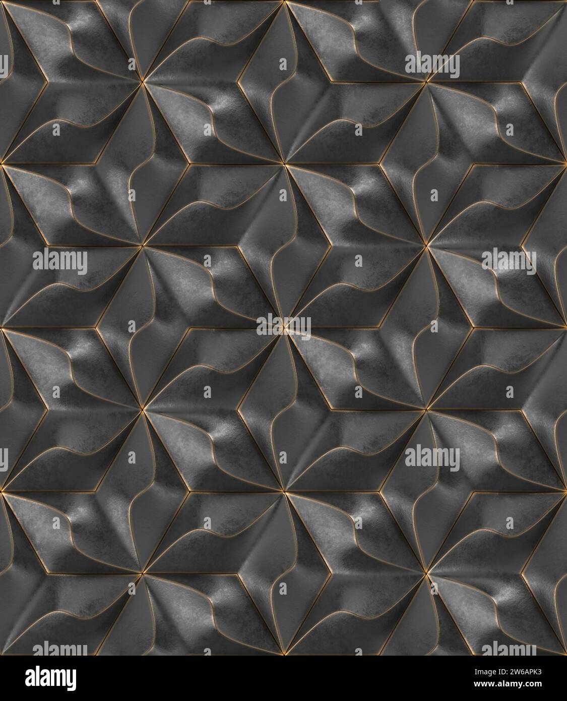 Dieses Bild zeigt ein geometrisches 3D-Muster mit einem sich wiederholenden Design in Grau- und Schwarztönen, das ein Gefühl von Tiefe und Textur vermittelt. Stockfoto