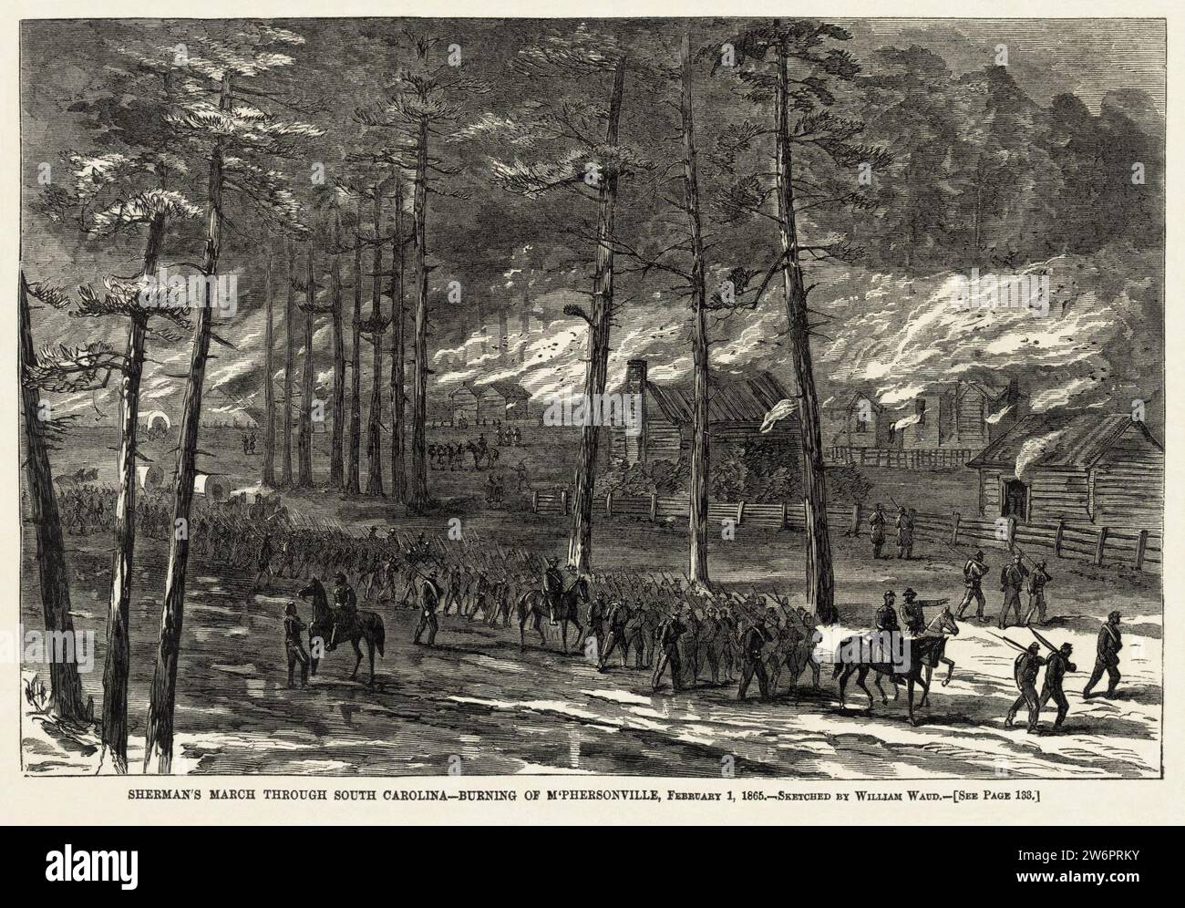 William Waud - Burning of McPhersonville 1865 - letzte Harper's Weekly Version. Stockfoto