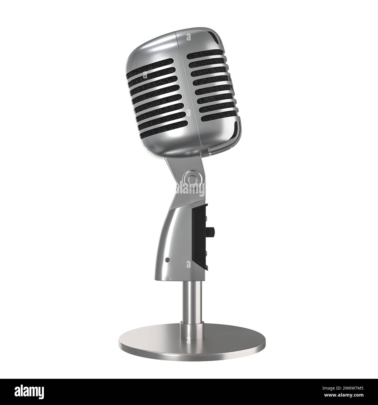 Vintage-Aluminium-Mikrofon isoliert auf weißer Seitenansicht. 3D-Rendering-Abbildung Stockfoto