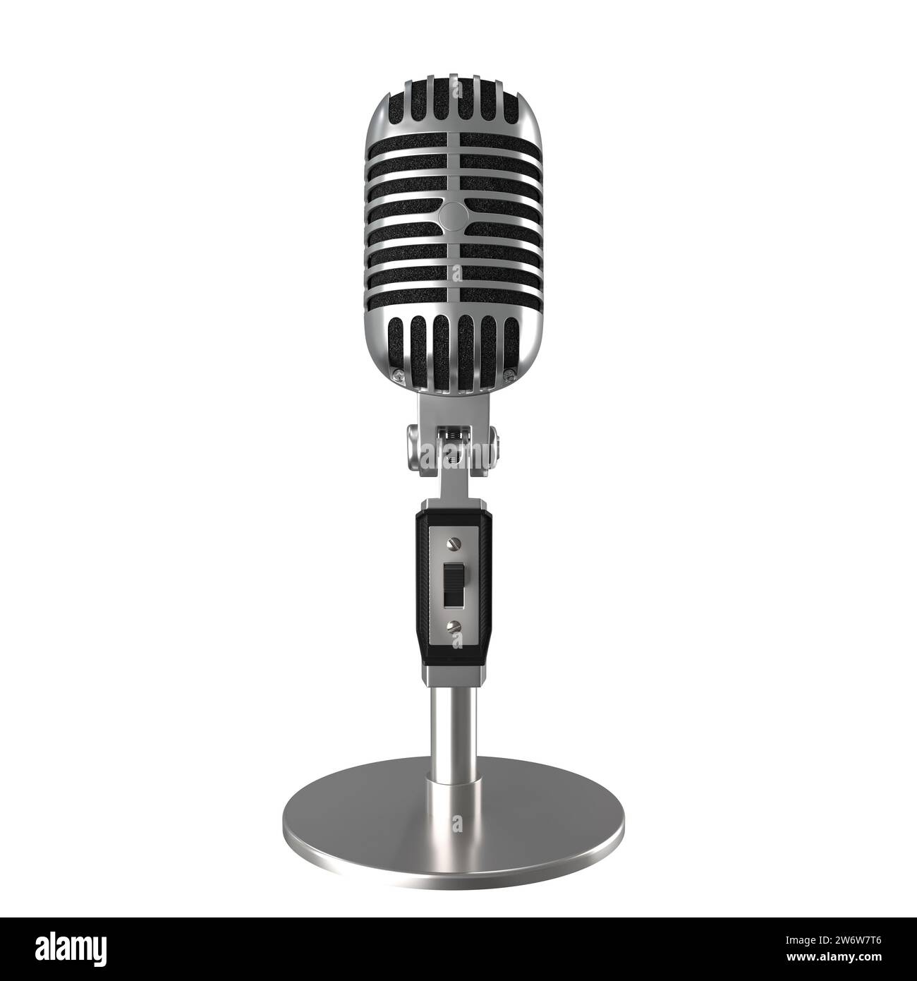 Vintage-Aluminium-Mikrofon isoliert auf weiß. 3D-Rendering-Abbildung Stockfoto