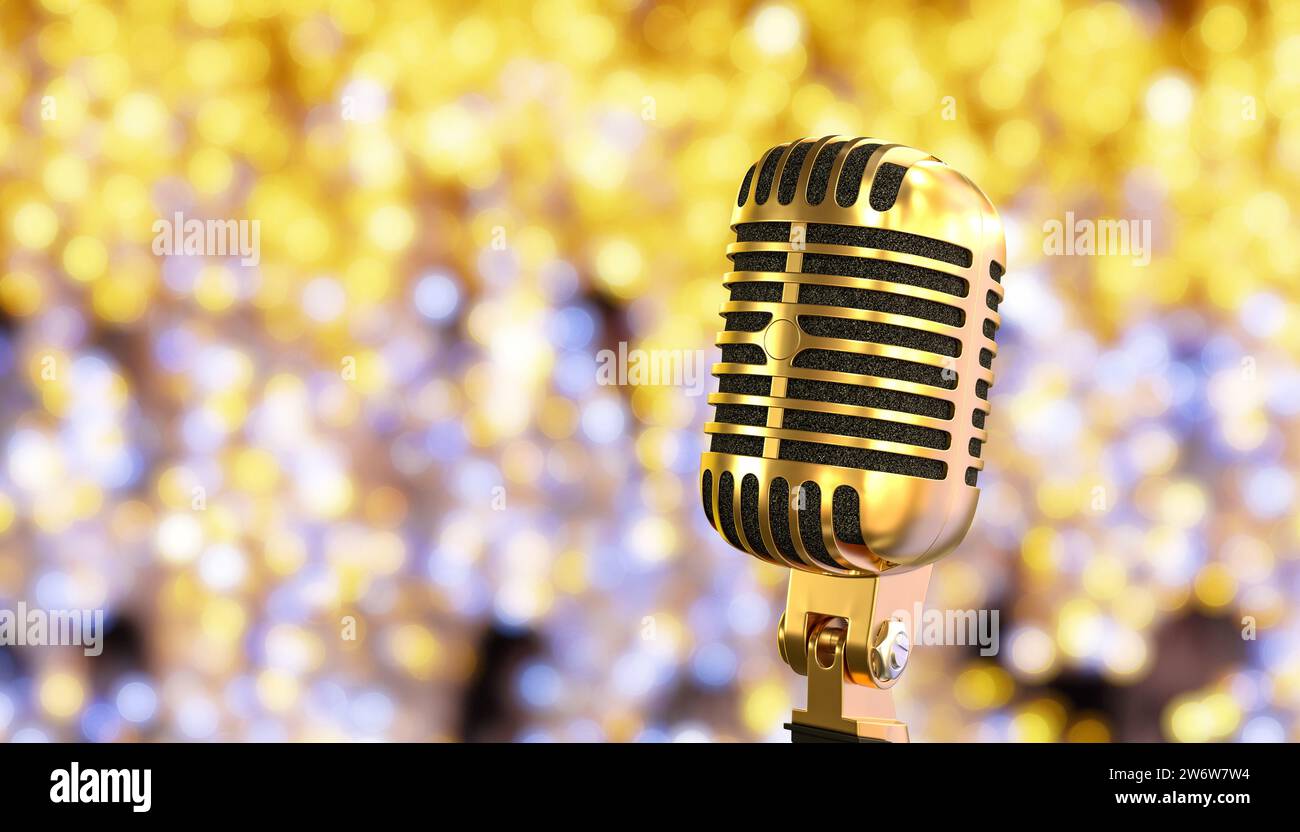 Vintage-Gold-Mikrofon und verschwommener Hintergrund mit funkelnden Lichtern, 3D-Rendering-Illustration Stockfoto