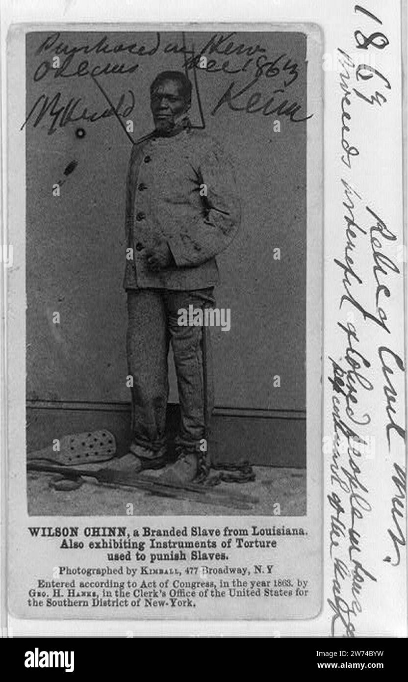 Wilson Chinn, ein Sklave aus Louisiana, der ebenfalls Folterinstrumente ausstellt, mit denen Sklaven bestraft werden Stockfoto