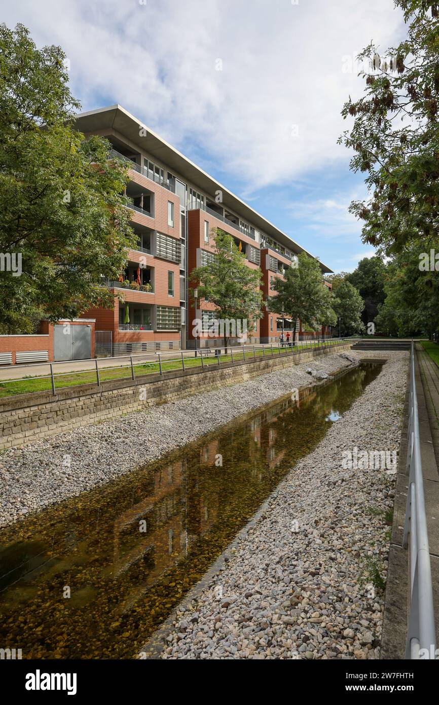 27.09.2023, Deutschland, Duisburg, Nordrhein-Westfalen - Schwammstadt. Klimaresistente Stadt. Moderne Wohnhäuser an der Speichergracht Stockfoto