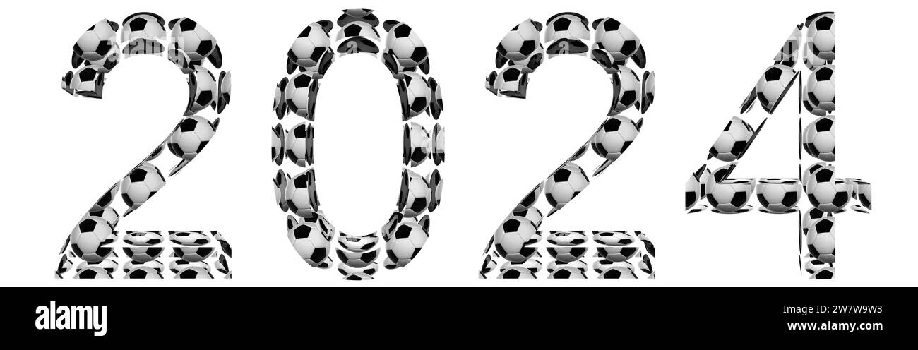 Konzept oder Konzept 2024 Jahre aus Fußballen isoliert auf weißem Hintergrund. Eine abstrakte 3D-Illustration als Metapher für Fußball, Sport Stockfoto