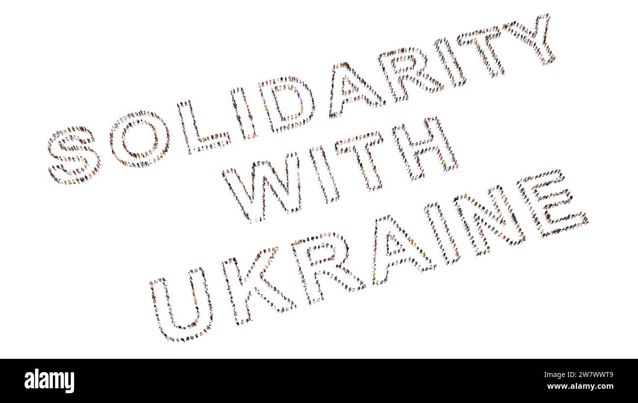 Konzeptionelle Gemeinschaft von Menschen, die SOLIDARITÄT MIT DER UKRAINE aufbauen. 3D Illustration Metapher für Solidarität, Zusammenarbeit, Mitgefühl Stockfoto