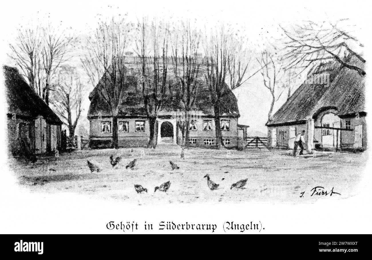 Bauernhof in Süderbrarup, Landwirtschaftslandschaft Angeln, Schleswig-Holstein, Norddeutschland, Mitteleuropa, histrorische Illustration 1896 Stockfoto