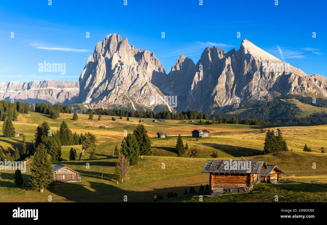 Blick auf die Seiser Alm, Seiser Alm, Südtirol im goldenen Abendlicht Stockfoto