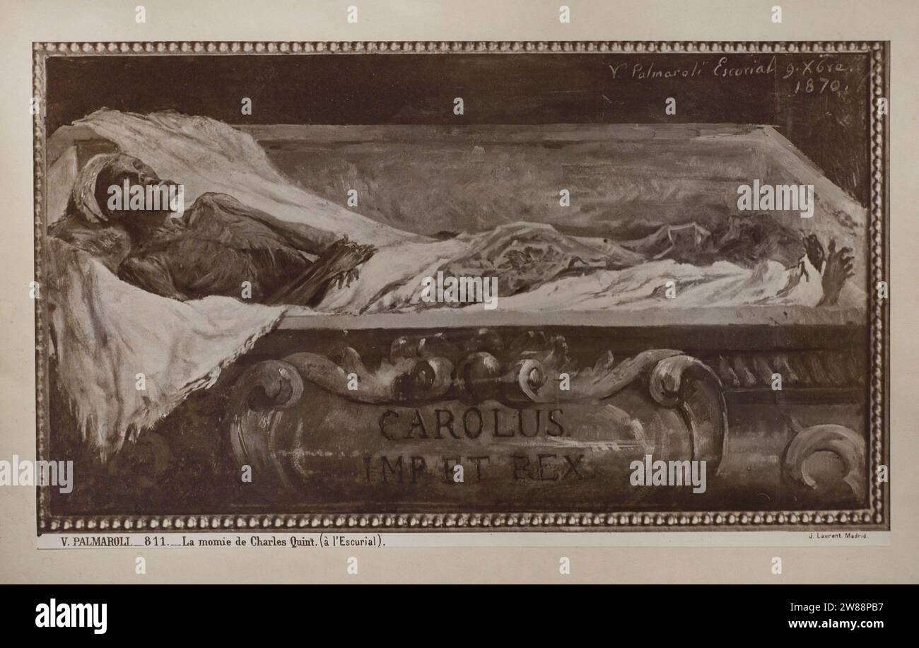 Die Mumie von Karl V. in El Escorial. Foto des französischen Fotografen Jean Laurent Minier (1816-1886) nach dem Gemälde von Vicente Palmaroli. 1870-1872. Albumen auf Fotopapier, 205 x 345 mm. Prado-Museum. Madrid. Spanien. Stockfoto