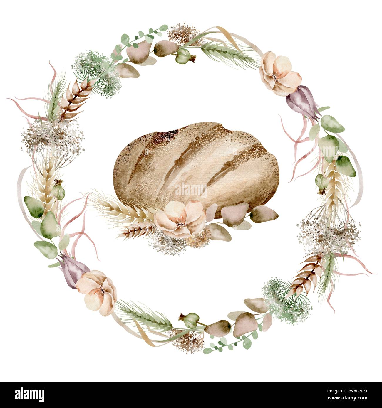 Braunes Brot, umgeben von einem rustikalen Kranz aus gewebtem Weizen und Wildblumen, auf weißem Hintergrund. Illustration von Überfluss, Tradition und Handwerk. Stockfoto