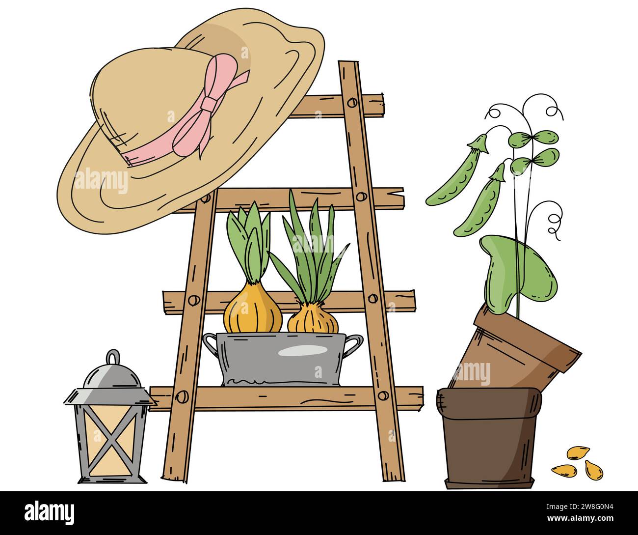 Handgezeichnete Leiter, Hut und Töpfe mit Setzlingen bilden Eine Gartenillustration Stock Vektor