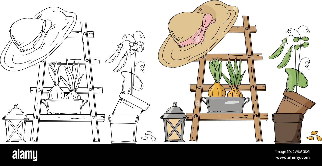 Handgezeichnete Malseite für Kinder mit Einer Leiter, Hut und Töpfen mit Setzlingen ist Eine Garten Illustration und Ein Vektor Illustration Malbuch für Kreativität Stock Vektor