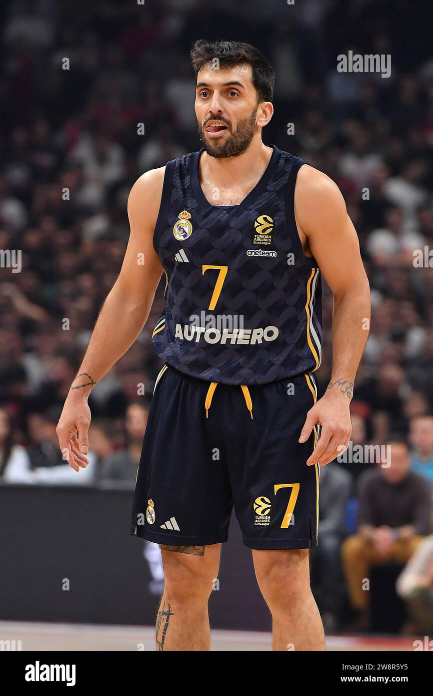 Belgrad, Serbien, 19. Dezember 2023. Facundo Campazzo von Real Madrid reagiert 2023/2024 beim EuroLeague-Spiel der Turkish Airlines zwischen Crvena Zvezda Meridianbet Belgrad und Real Madrid in der Aleksandar Nikolic Hall in Belgrad. Dezember 2023. Quelle: Nikola Krstic/Alamy Stockfoto