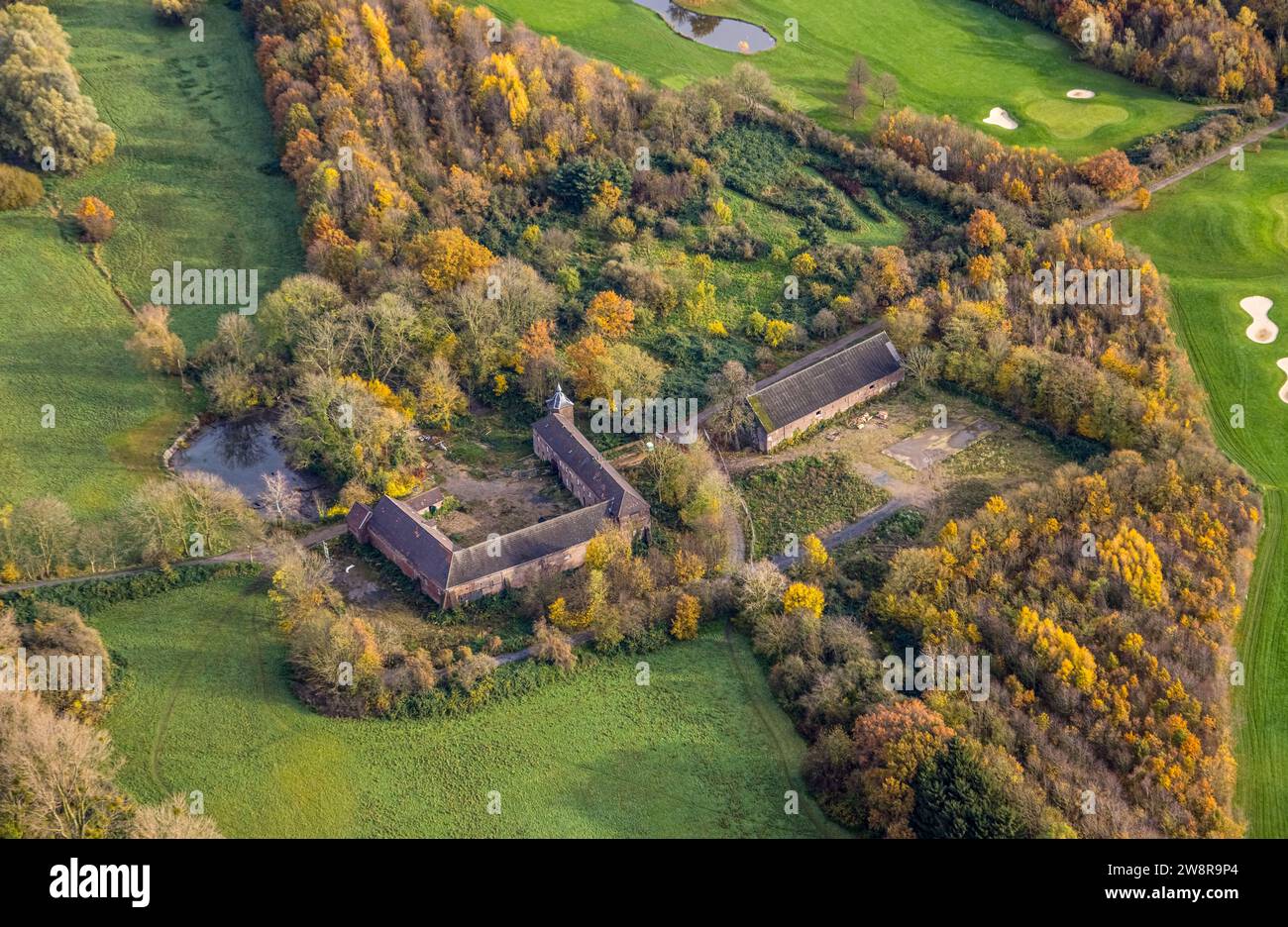 Aus der Vogelperspektive, Haus Böckum mittelalterliche Adelsresidenz am Böckumer Burgweg, umgeben von herbstlichen Laubbäumen, Huckingen, Duisburg, Ruhrgebiet, Stockfoto