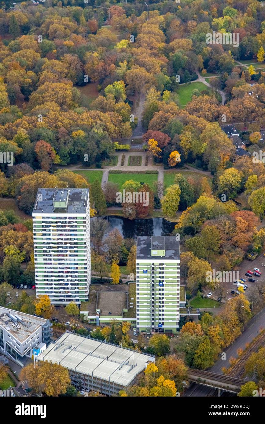 Blick aus der Vogelperspektive, PLAZA Hotel Hochhäuser am Stadtpark mit Teich und Stadtgarten, umgeben von herbstlichen Laubbäumen, Altstadt, Gelsenkirchen, Ruhrgebiet Stockfoto
