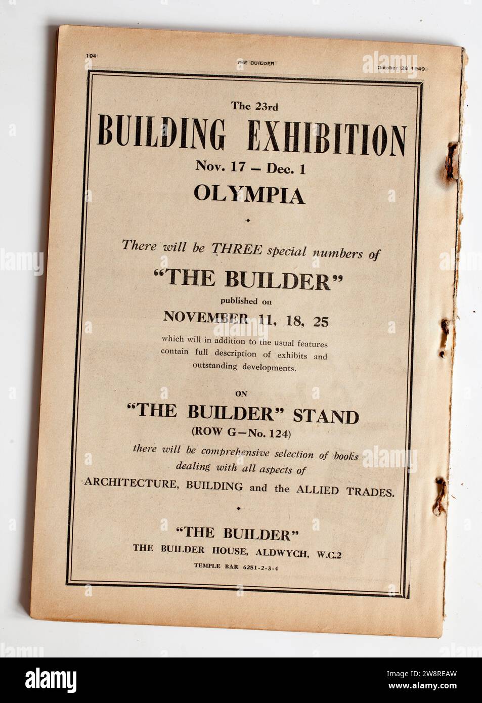 Werbung aus einer Kopie der 1940er Jahre The Builder Magazine - Building Exhibition Olympia Stockfoto