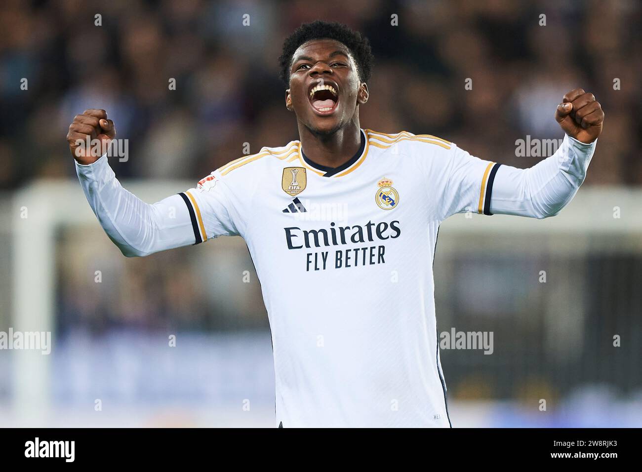 Alava, Spanien. Dezember 2023. Aurelien Tchouameni von Real Madrid CF reagiert beim LaLiga EA Sports Spiel zwischen Deportivo Alaves und Real Madrid CF im Mendizorrotza Stadion. Vitoria-Gasteiz, Alava, Spanien. Dezember 2023. Stockfoto