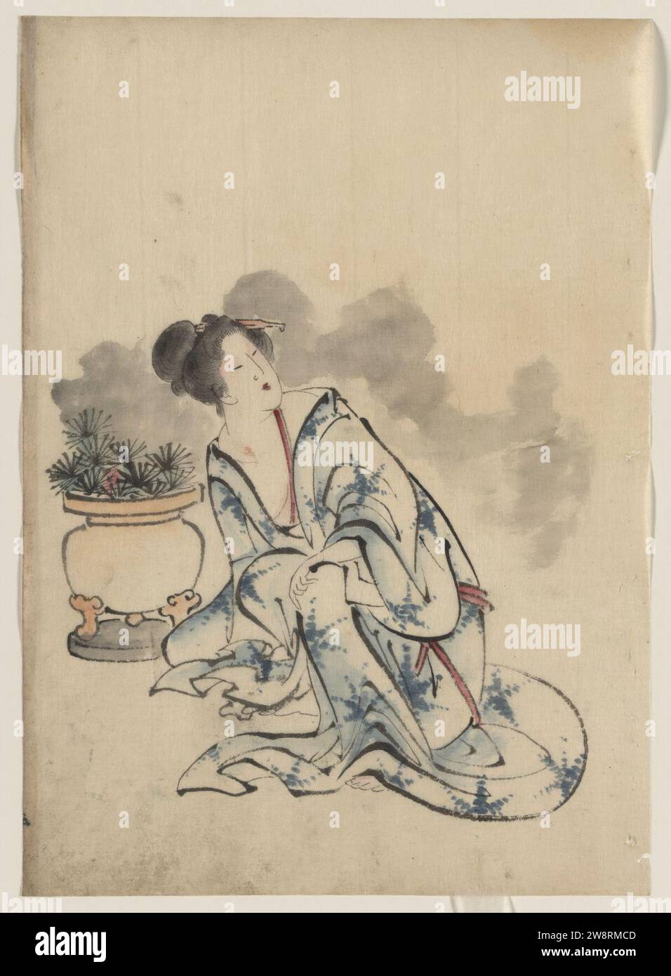 Frau, möglicherweise eine Kurtisane, neben einem Blumentopf sitzend, mit Kopf nach links nach rechts gedreht, das Tragen von Kimono mit starburst Design, dass die Pflanzen im Topf imitiert. Stockfoto