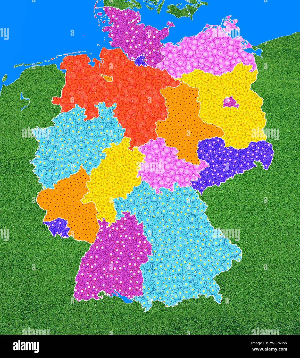 Geographische Karte Deutschlands mit den bundesländern, mit vielen verschiedenfarbigen Blumen, Symbol für Naturschutz, Klimaschutz Stockfoto
