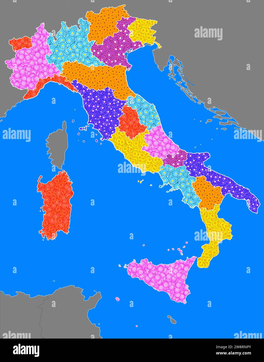 Geografische Karte Italiens mit den Regionen, mit vielen verschiedenen farbigen Blumen, Symbol für Naturschutz, Klimaschutz Stockfoto