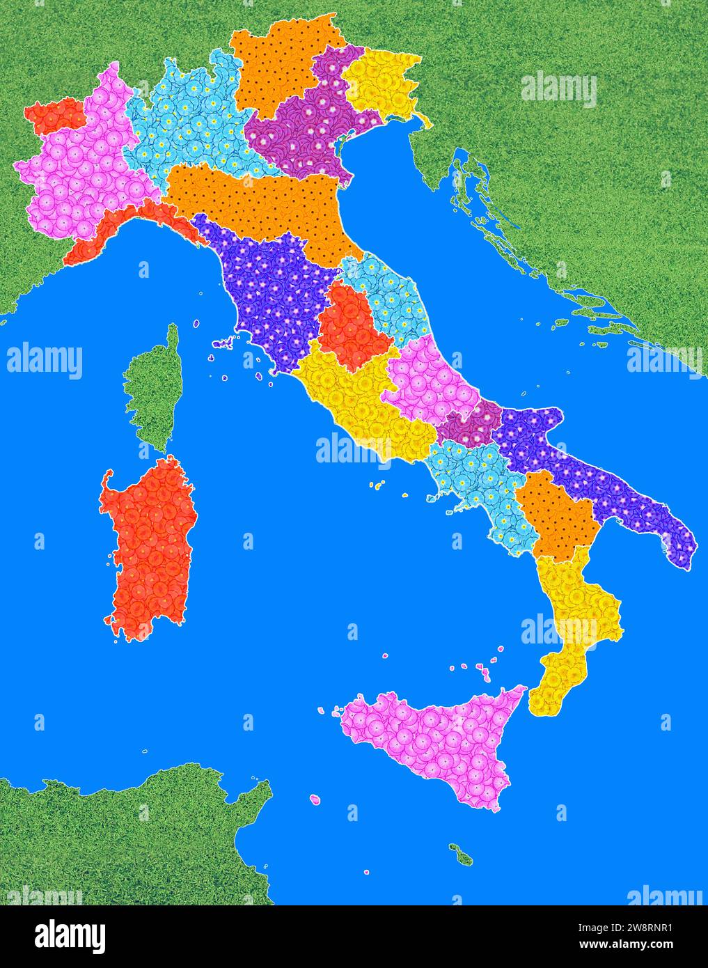 Geografische Karte Italiens mit den Regionen, mit vielen verschiedenen farbigen Blumen, Symbol für Naturschutz, Klimaschutz Stockfoto