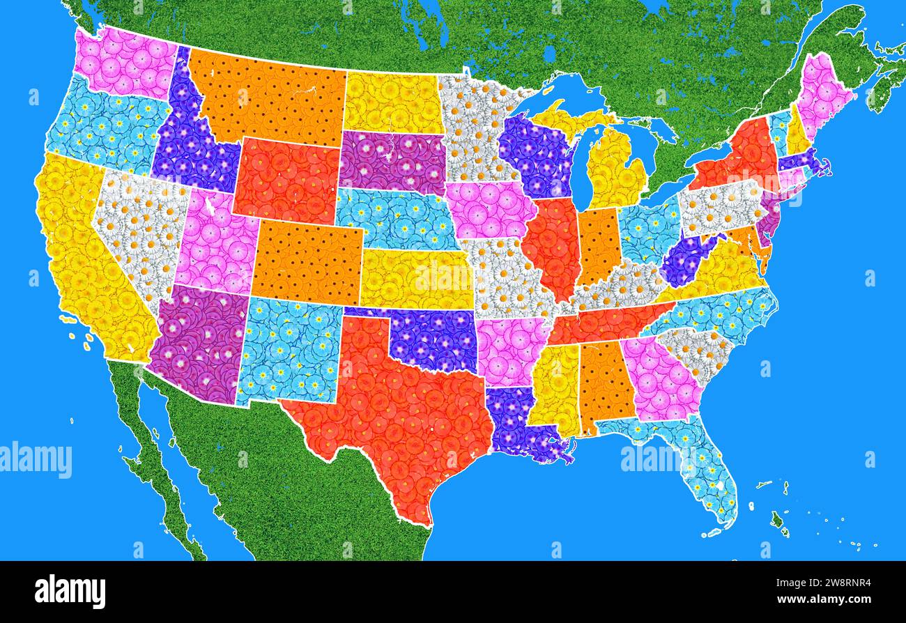 Geographische Karte der USA mit den staaten, mit vielen verschiedenfarbigen Blumen, Symbol für Naturschutz, Klimaschutz Stockfoto