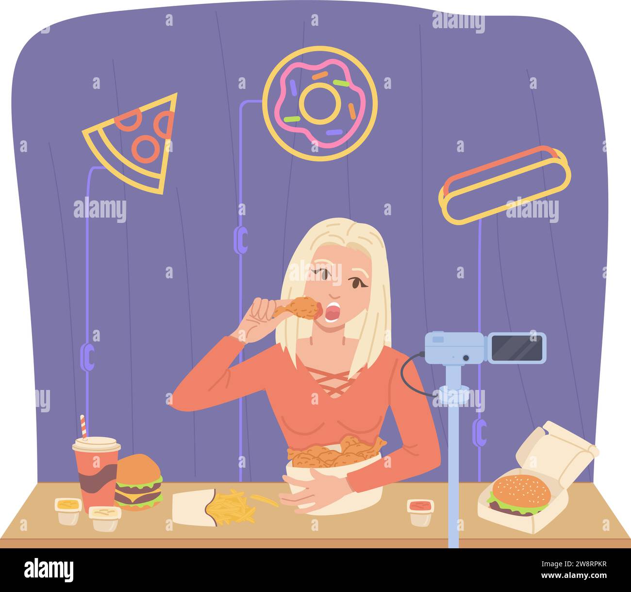 Mukbang Blogger Konzept. Mädchen isst vor der Kamera Essen im Hintergrund des Home Office. Hühnchen, Pommes frites, Burger, Cola. Abbildung des Rohvektors in flach Stock Vektor