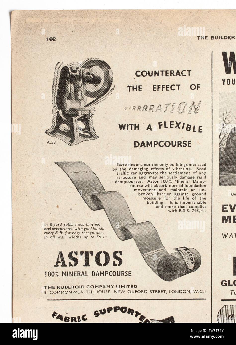 Werbung aus einer Ausgabe von The Builder Magazine aus den 1940er Jahren - Astos Feuchtkurs Stockfoto