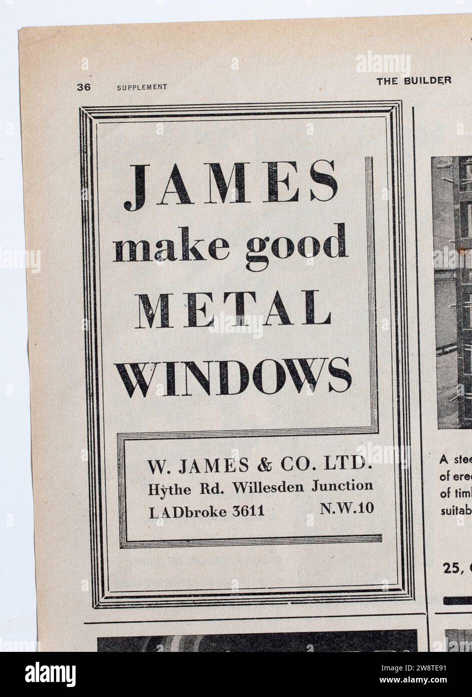Werbung aus einer Ausgabe von The Builder Magazine aus den 1940er Jahren - W James and Co Metal Windows Stockfoto