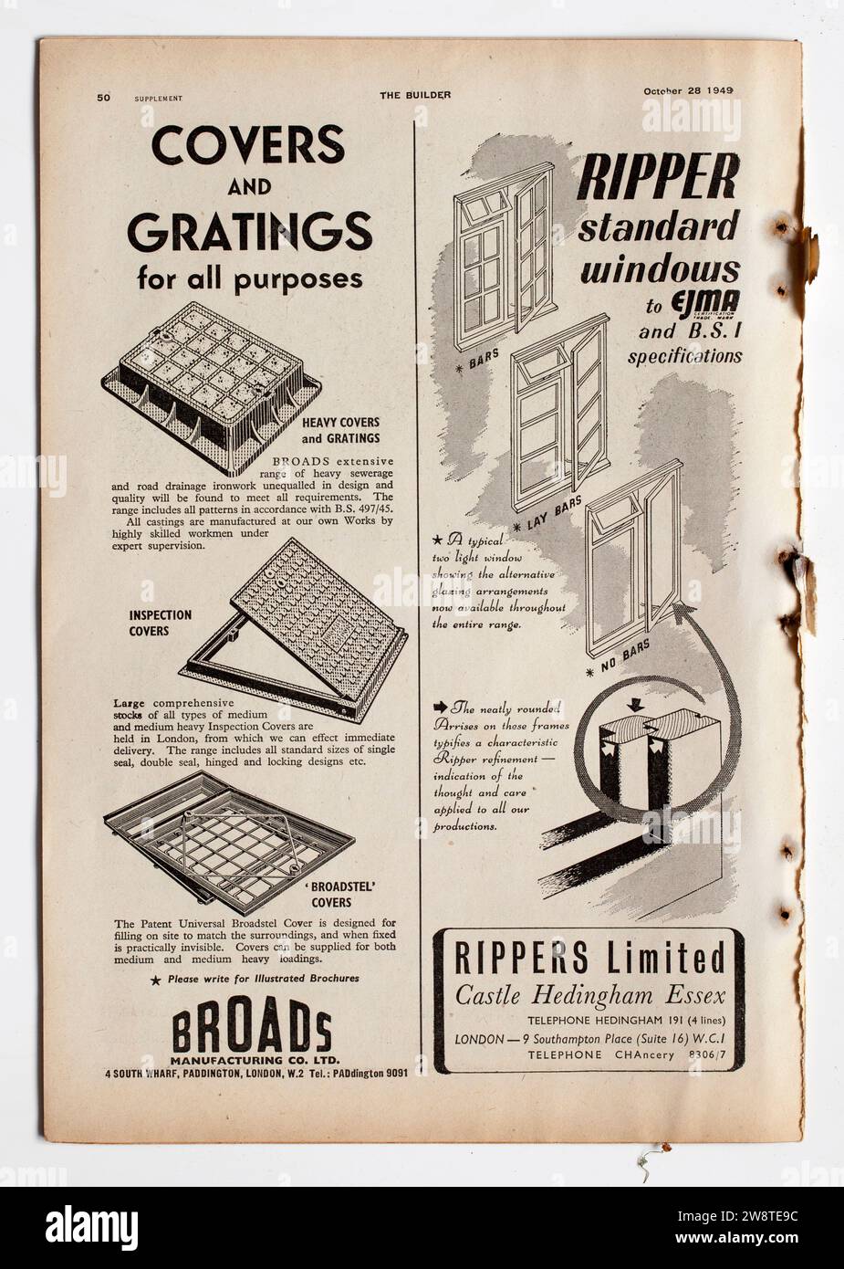 Werbung aus einer Ausgabe der 1940er Jahre The Builder Magazine - Broads Covers and Gitters - Rippers Limited Windows Stockfoto