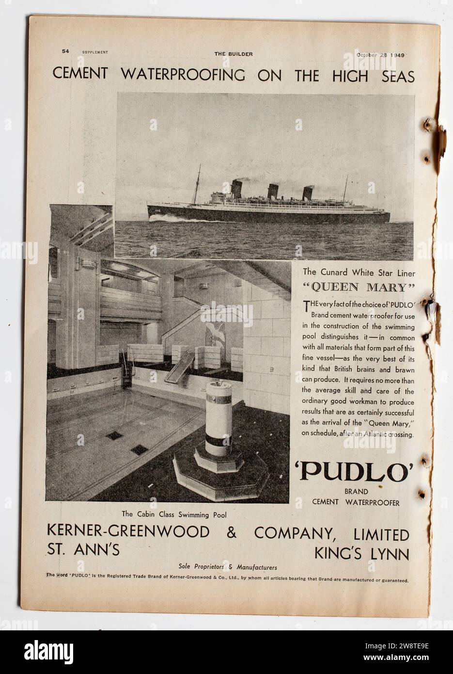 Werbung aus einer Ausgabe des 1940er Jahre The Builder Magazine - Pudlo Waterproof Stockfoto