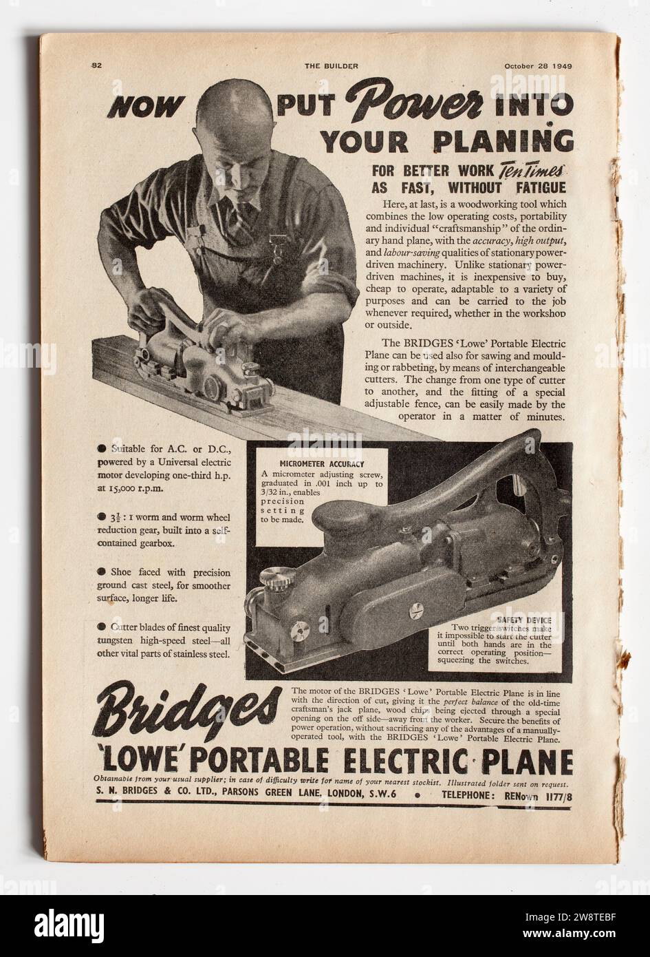 Werbung aus einer Ausgabe von The Builder Magazine aus den 1940er Jahren - Bridges Lowe Portable Electric Plane Stockfoto