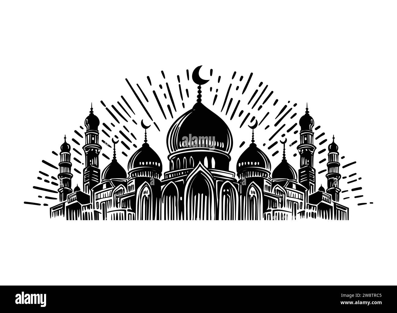 Doodle einer muslimischen Moschee, isoliert auf weißem Hintergrund. Einfache schwarze Konturvektorzeichnung. Skizze in Tinte. Stock Vektor
