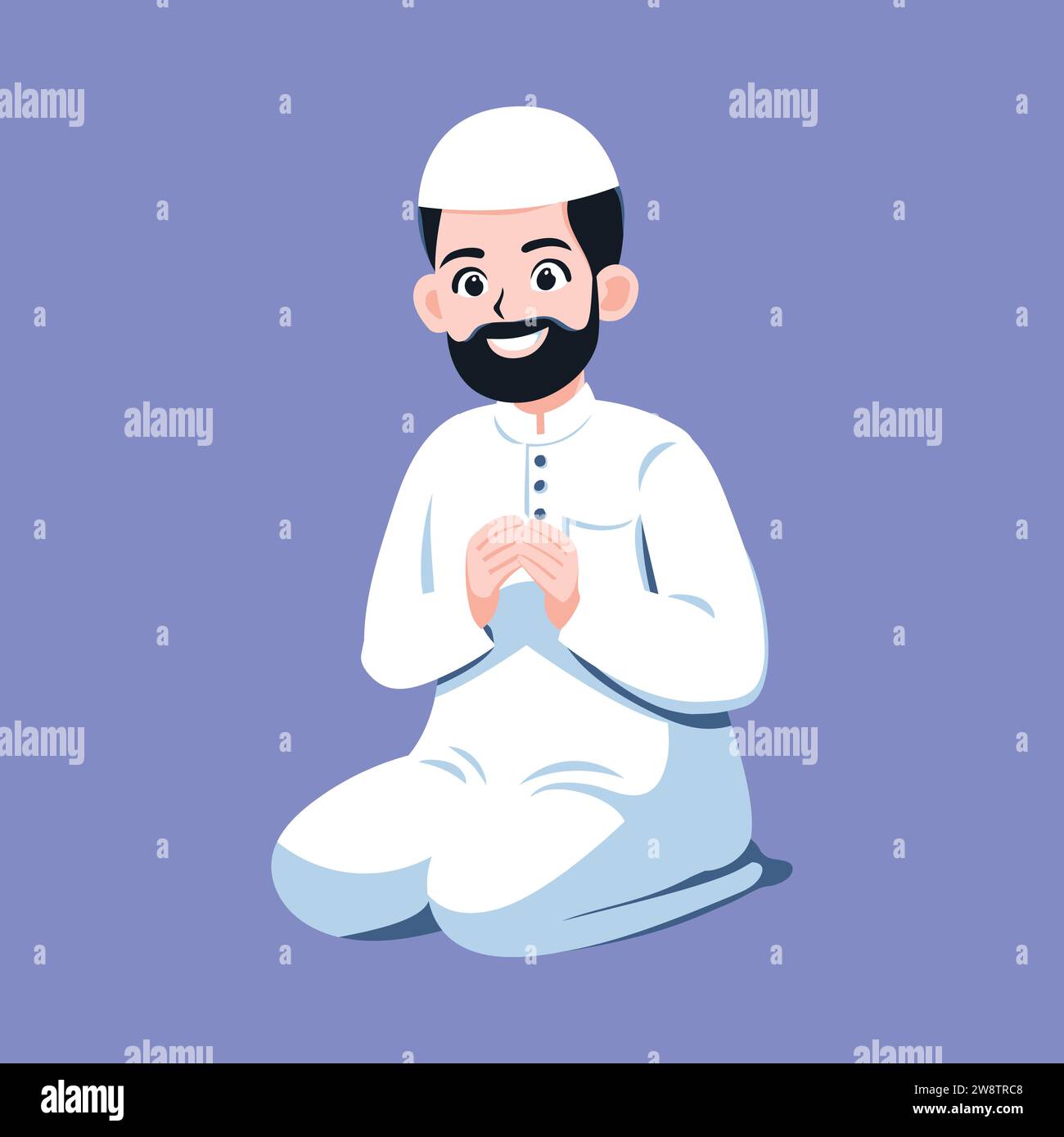 Muslimischer Mann betet. Gebete in der Gemeinde. Muslimischer Mann betet in weißer Kleidung, isolierte Zeichentrick-flache Vektor-Illustration. Stock Vektor
