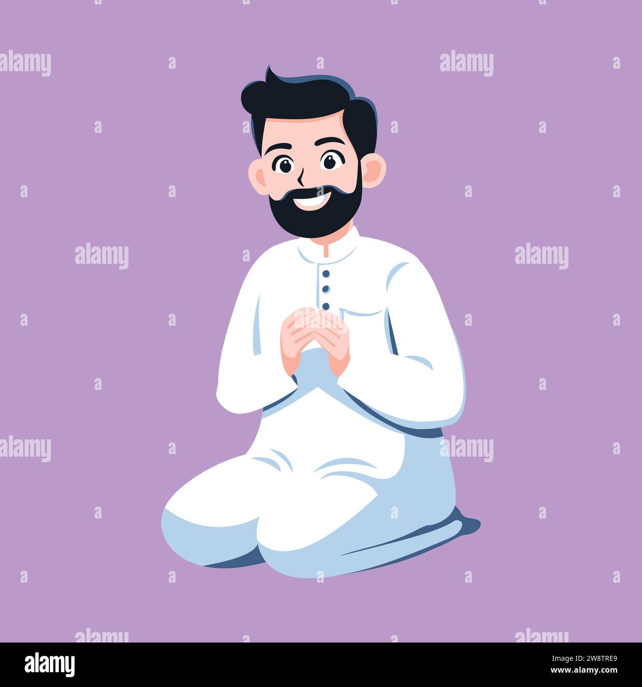 Muslimischer Mann betet. Gebete in der Gemeinde. Muslimischer Mann betet in weißer Kleidung, isolierte Zeichentrick-flache Vektor-Illustration. Stock Vektor