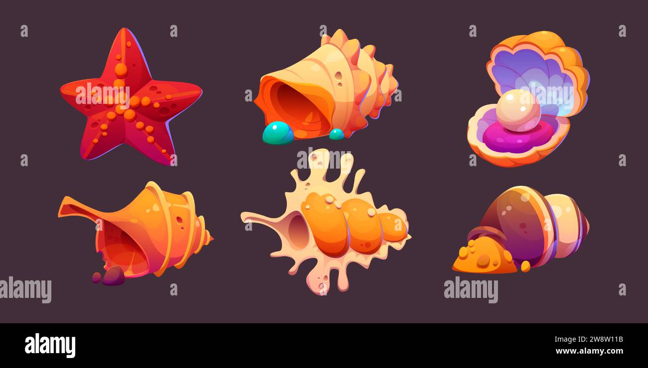 Seesterne und Muscheln isoliert auf schwarzem Hintergrund. Vektor-Karikaturillustration von Meeresstrand oder Aquarium Meeresboden Design Elemente, Weichtiere, Schnecke, Austernschalen mit Perle, Souvenir Sammlung Stock Vektor