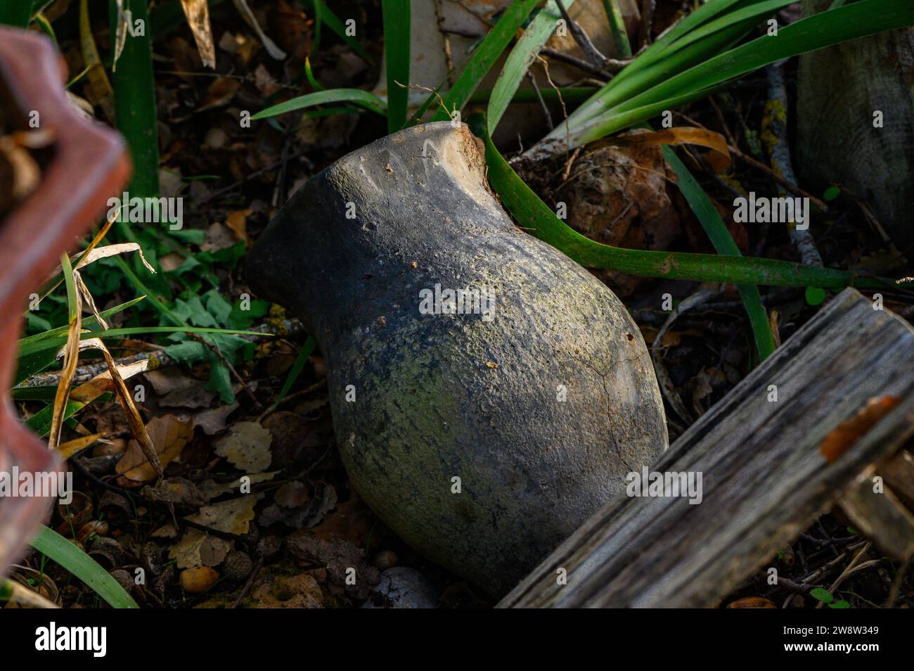 Nahaufnahme im Hintergrund eines alten und schmutzigen Tonwasserkrug, der auf dem Boden liegt, auf dem Gras eines vergessenen und verlassenen Gartens Stockfoto