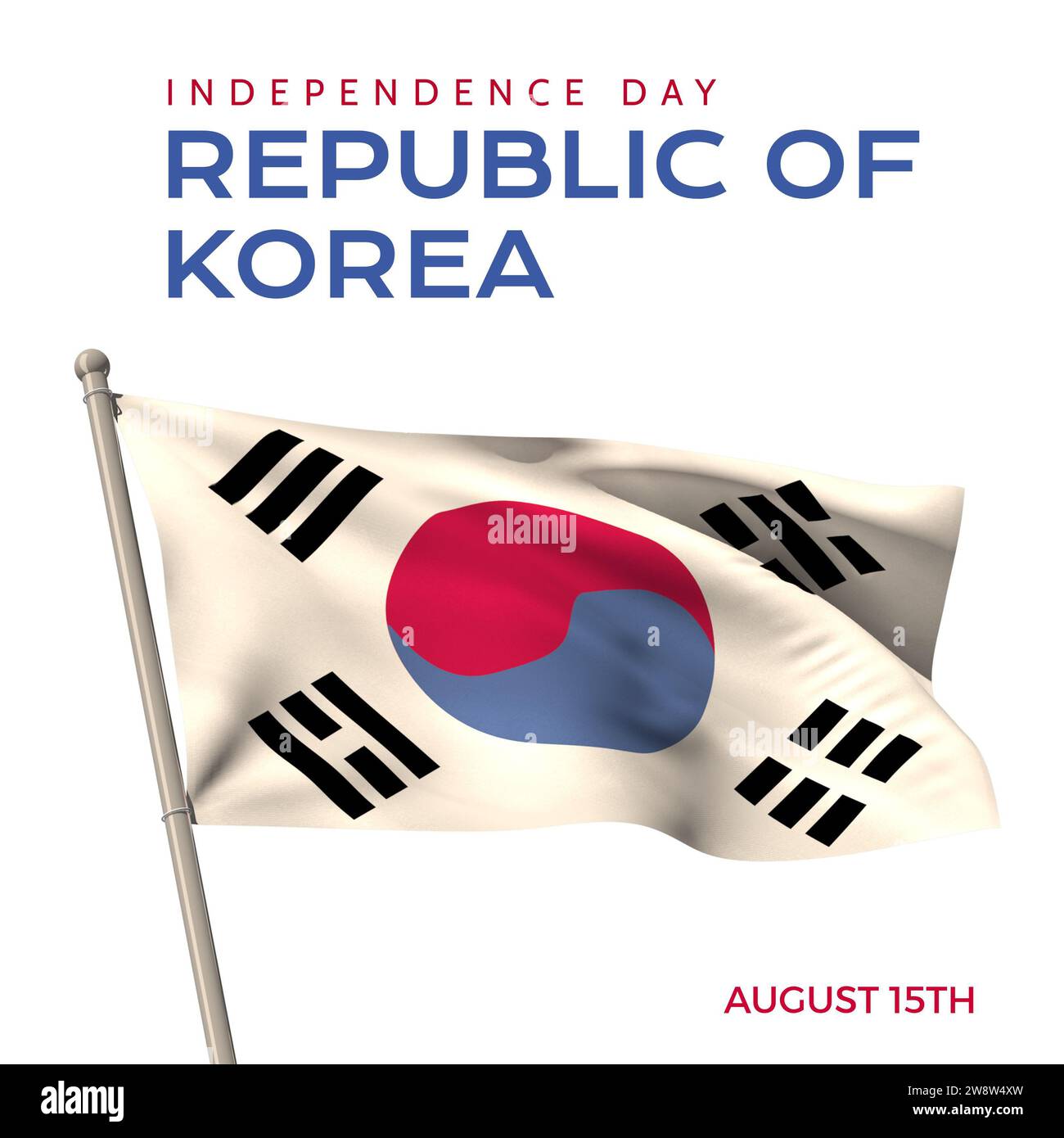 Unabhängigkeitstag republik korea Text und Datum in Rot und Blau auf weiß mit koreanischer Flagge Stockfoto