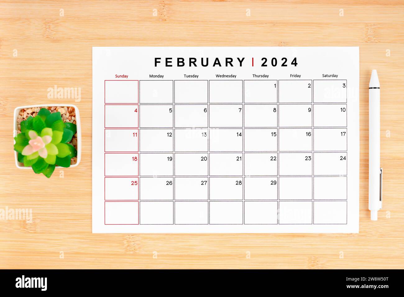Februar 2024 Kalenderseite und Zimmerpflanze auf hölzernem Hintergrund mit leerem Raum. Stockfoto