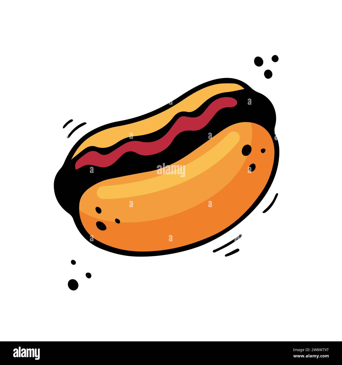 Hot Dog-Illustration. Fastfood-Illustration im Doodle-Stil. Handgezeichnete Skizze von Hot Dog. Farbenfroher Hot Dog mit Filzstift gezeichnet. Stock Vektor