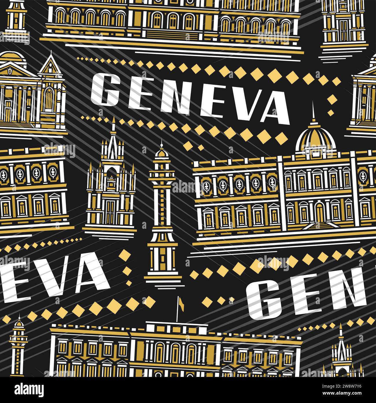 Vektor Genf nahtloses Muster, Quadrat wiederholender Hintergrund mit Illustration der berühmten europäischen genfer Stadtlandschaft auf dunklem Hintergrund, dekorative Linie Stock Vektor