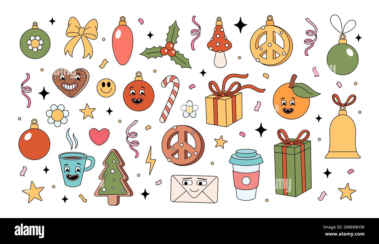 Set mit tollen Elementen für frohe Weihnachten. Groovige Aufkleber aus der Hippie-Kollektion. Weihnachtsobjekte im Retro-Stil der 70er Jahre. Handgezeichnete Vektorgrafik. Stock Vektor