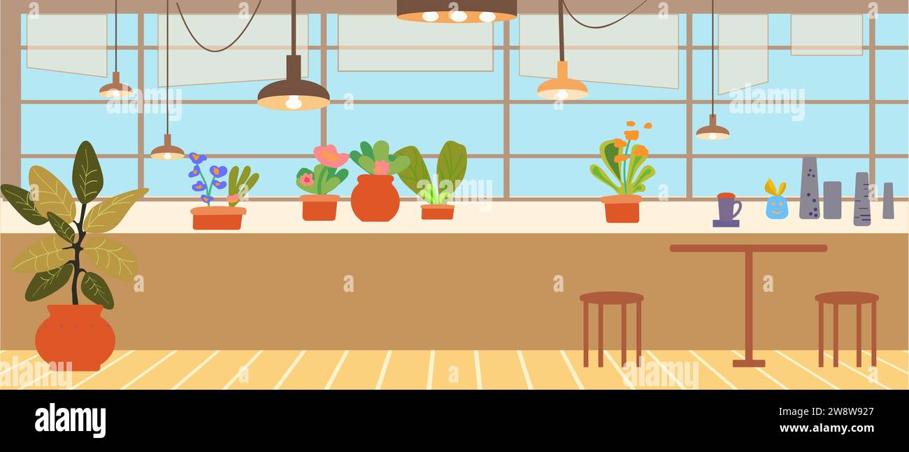 Apartment-Innenausstattung, Küche, Esszimmer und Wohnzimmer. Zimmerpflanzen, gemütliches Zuhause. Vektorabbildung. Stock Vektor