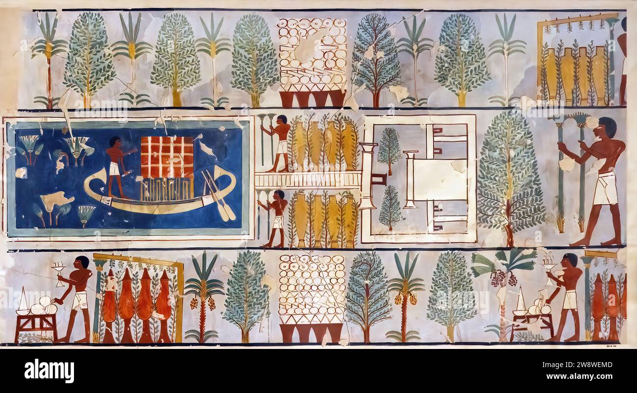 Faksimile der Mauer im Grab von Minnakht, Metropolitan Museum of Art, New York, Kopie des Originals. Stockfoto