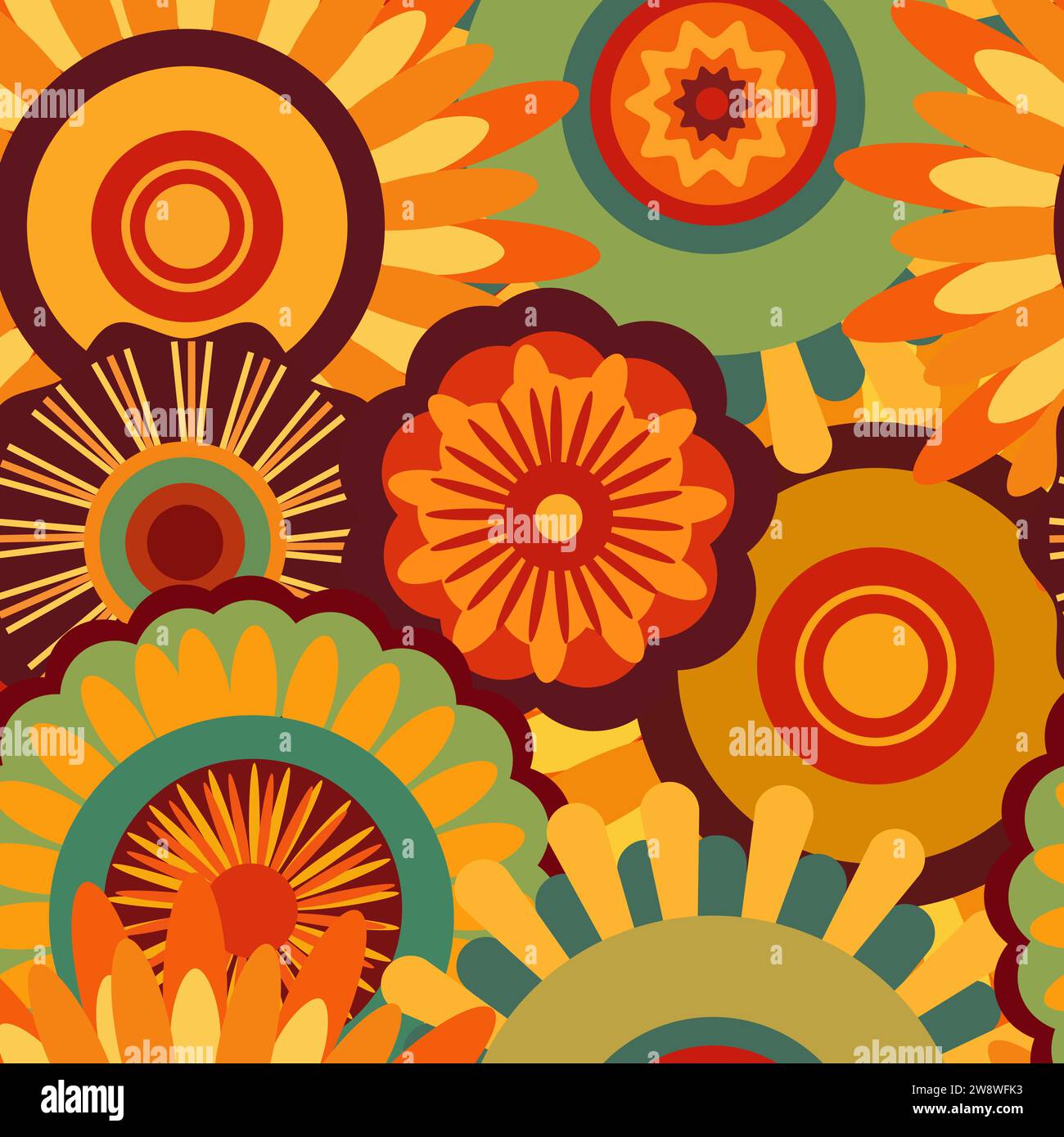 Prints im Cartoon-Stil mit Blumen und Pilzen, Gläsern und Retro-Elementen. Kostenloser Geist lustige Hintergründe. Böhmische nahtlose Muster aus den 70er Jahren Stock Vektor