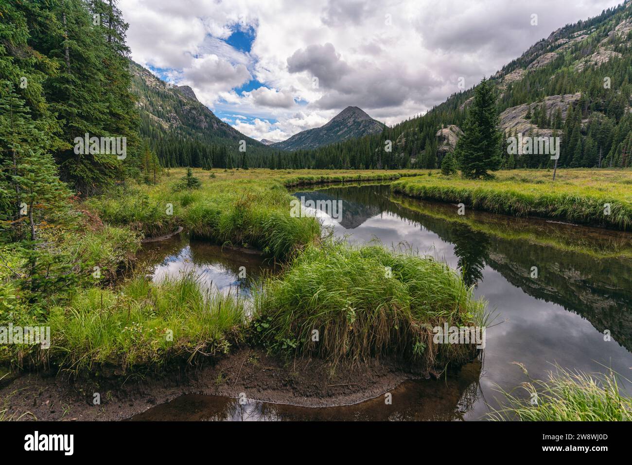 Malerischer Fluss mit Middle Mountain, Colorado Stockfoto