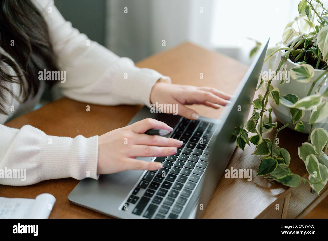 Frau, die an ihrem Laptop arbeitet, an ihrem Schreibtisch zu Hause Stockfoto