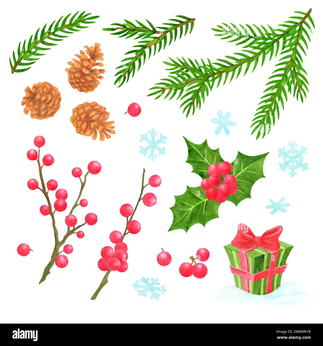 Set mit Weihnachtselementen mit Nadelbaumzweigen, stechpalmenzweigen und Beeren, Tannenzapfen, Schneeflocken und einem Geschenk. Clipart mit Wasserfarben für Design Stockfoto