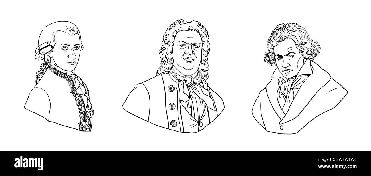 Porträts weltbekannter Komponisten: Mozart, Bach und Beethoven. Zeichnung mit Büsten bekannter Musiker. Stockfoto