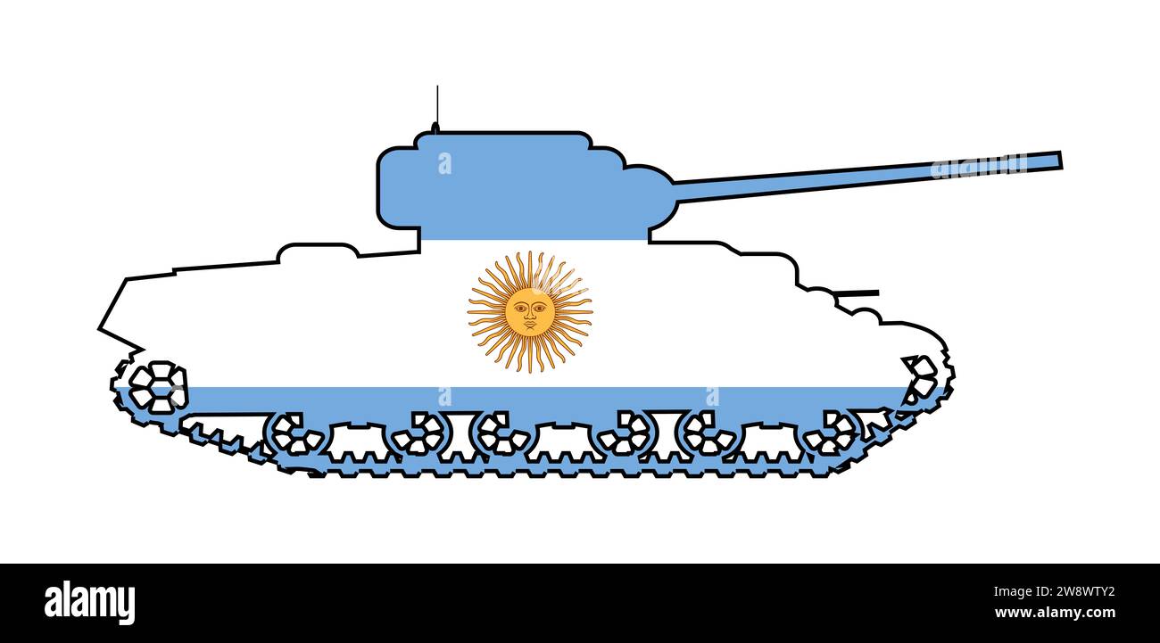 Eine Umrisssilhouette eines typischen argentinischen Kampfpanzers, der die argentinischen Flaggensymbole und Farben auf einem weißen Hintergrund zeigt Stockfoto